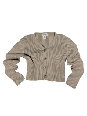 Cropped Cardigan Womens Medium Beige Ribbed Knit Button Front Fitted Sweater